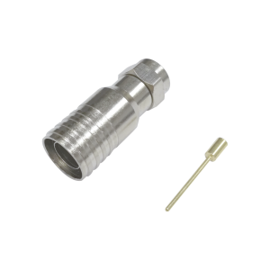 Conector F Macho en 75 Ohm, Plegable para Instalar en Cables Coaxiales RG-11, Cuerpo de Bronce-Niquelado/ Teflón.