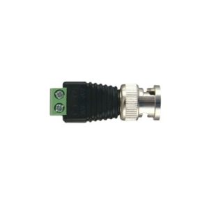 Adaptador de conector BNC macho a 2 terminales-tornillo para cables AWG-26-14, en aplicaciones Video Vigilancia, Níquel/ Oro/ PTFE y PVC.