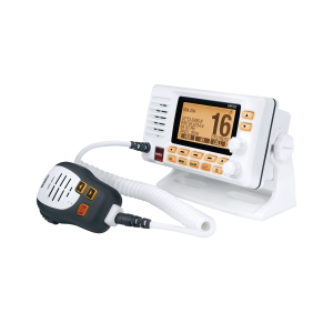 Radio Móvil Marino VHF, color blanco con receptor de GPS integrado, puerto de conexión NMEA 2000, 25W de potencia de RF, sumergible IPX8.