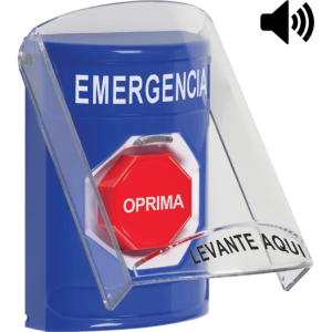 ?Botón Multipropósito, Color Azul, De Superficie, Con Tapa De Policarbonato, Con Bocina Pre Alarma, Solo Interior, Llave Para Restablecer, Texto De Emergencia, Español