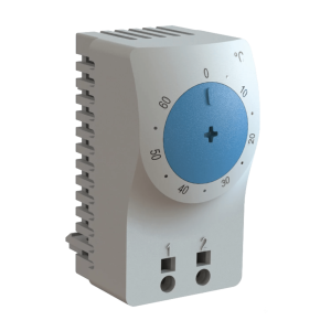 Termostato/Interruptor Para Control de Temperatura en Grados Celsius, Para Uso con Ventiladores, Con Terminales de Conexión, y Clip para Riel Din de 35 mm, Color Gris Claro