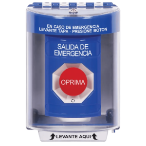 Botón Multipropósito, Color Azul, De Superficie, Con Tapa De Policarbonato, Sin Bocina, Para Interior/Exterior, Llave Para Restablecer, Texto Salida De Emergencia, Español