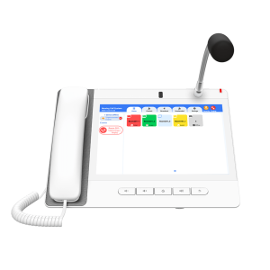 Teléfono IP Color Blanco Android 9.0 Empresarial para voceo 20 líneas SIP, pantalla táctil, Wi-Fi y Bluetooth, PoE, Voceo/ Musica por Multicast, puertos Gigabit, Sofware de Enfermeria