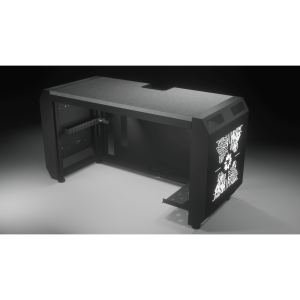 Consola Profesional para Monitoreo o Computo | Ranura para Base de Monitores | Microperforaciones | Luces LED Decorativas | Tomacorriente HTCM1U10C | Tapas Organizadoras de Cables | Niveladores | Rack para Montaje de Equipos | Ranura Pasaca