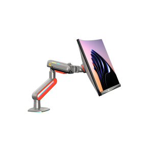 Montaje de Escritorio Ideal Para Monitores Gaming de 32"- 60" / Capacidad de Carga Maxima 20 Kg / Vesa 75 x 75 - 100 x 100 / Acero / Giro 360° / Color Carbon Mate con Cubierta Plastica Color Rojo / Iluminación RGB