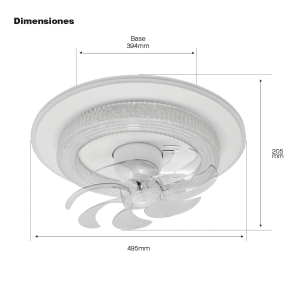 Ventilador de Techo con Luminario LED de 110 V CA 50/60 Hz /  88 W / 3 Tonos de Luz (6500 - 4 000 - 2 700 K) / Con giro 360° / Diámetro 495 mm / 6 Velocidades / Dimeable.