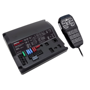 Sirena Vehicular de 200W de Potencia, Programable, Con Controlador Unimando de 15 Botones Para Control de Tonos, 12 Salidas Auxiliares y Micrófono