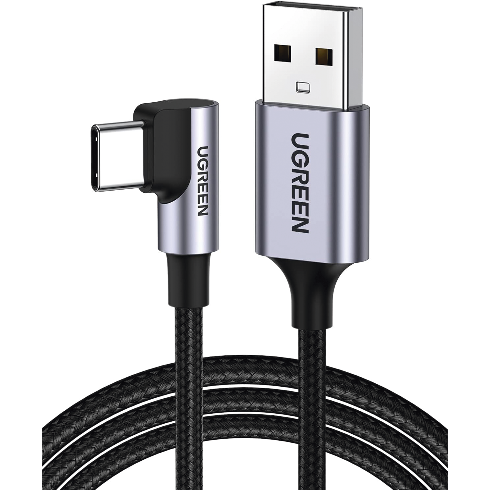 Cable USB-A a USB-C | 2 Metros | Conector con Ángulo Recto de 90° | Carga Rápida de hasta 60W | 480 Mbps | PD3.0 | QC /3.0/2.0 | FPC | AFC | Protección Integrada| Caja de Aluminio | Nylon Trenzado | Color Negro.