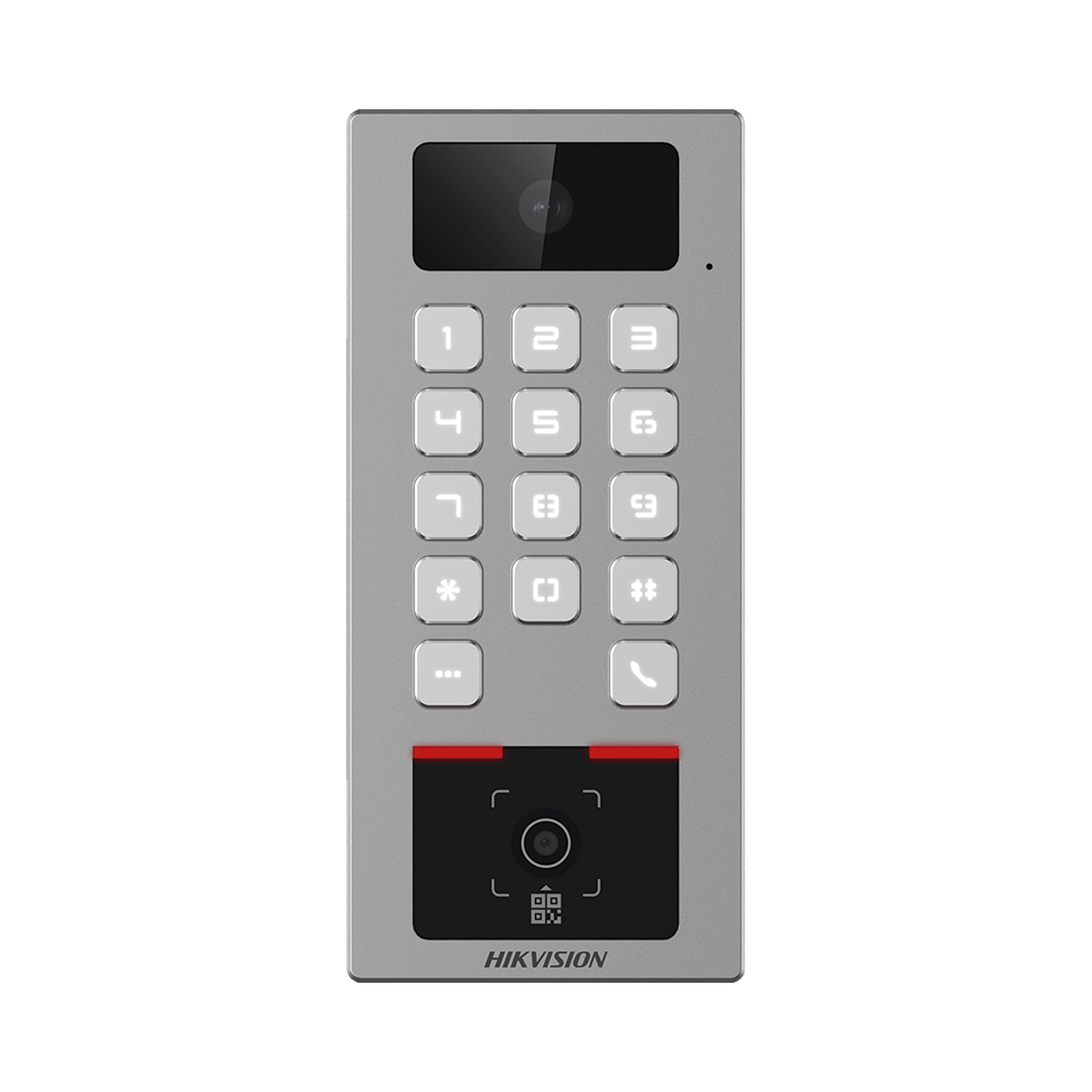 Teclado con Lector Físico de QRs para Exterior Antivandálico IP65 & IK09 con función de Videoportero Multiapartamento / Tarjeta, Código QR, PIN o App HikConnect / Cámara 2 MP compatible con NVRs / Soporta b