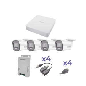 KIT COLORVU TURBOHD 1080p Lite / DVR 4 Canales / 4 Cámaras Bala (exterior 2.8 mm) / Transceptores / Conectores / Fuente de Poder Profesional