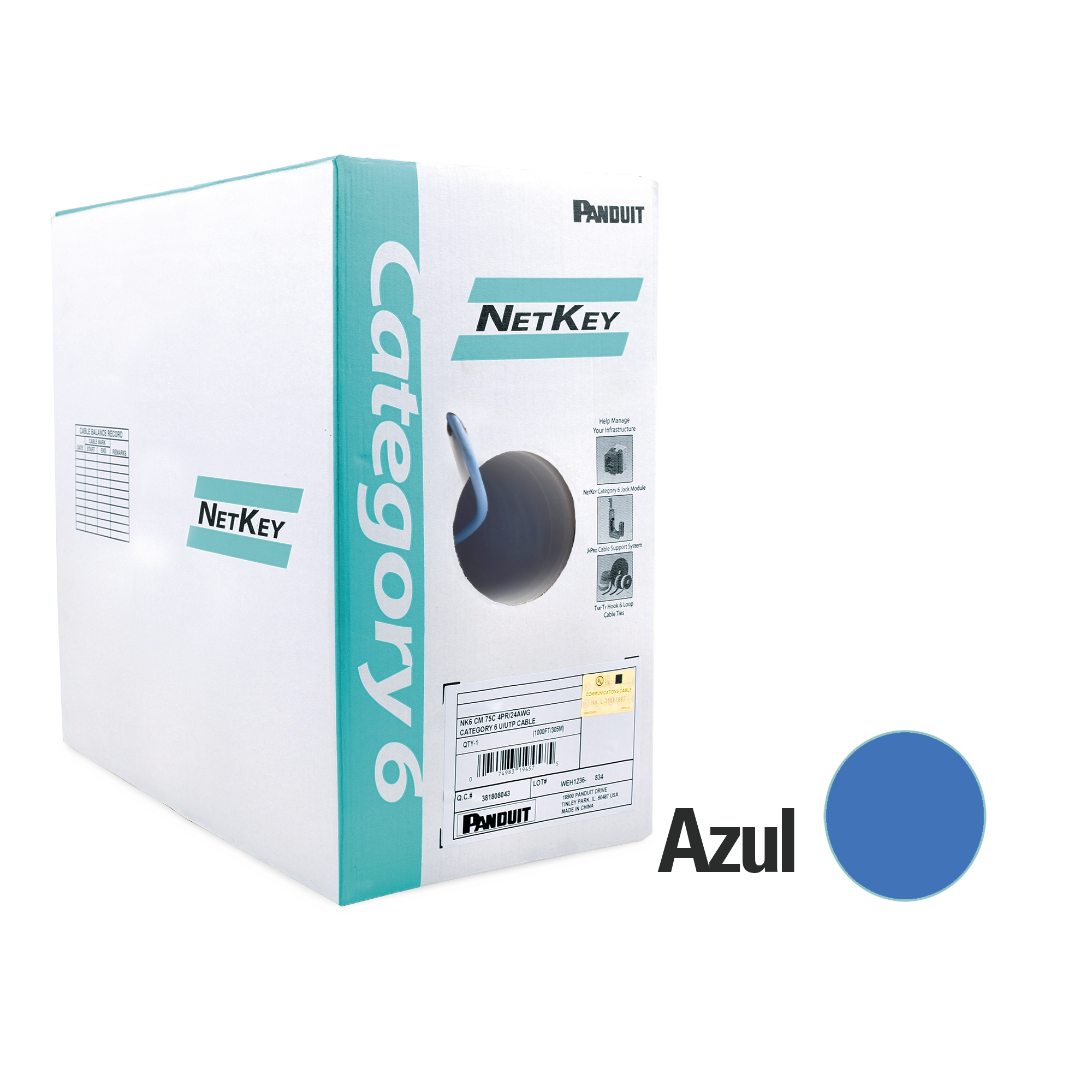 Bobina de Cable UTP 305 m. de Cobre, NetKey, Reelex, Azul, Categoría 6 (24 AWG), 1000Mbps, PVC (CM), de 4 pares