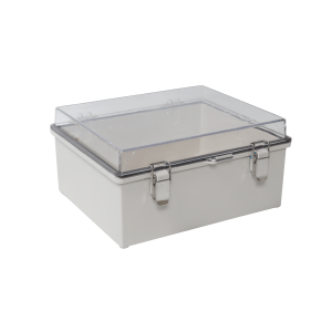 Gabinete Plástico ABS, Puerta Transparente, Uso en Intemperie (300 x 300 x 180 mm) Cierre por Broches Inoxidables y Permite Cerrado con Candado y Llave (Perno 5mm) No Incluido