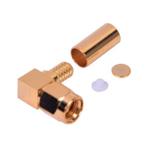 Conector SMA Macho Inverso en Ángulo Recto de Anillo Plegable para Cables RG-58/U, RG-142/U, Oro/ Oro/ Teflón.
