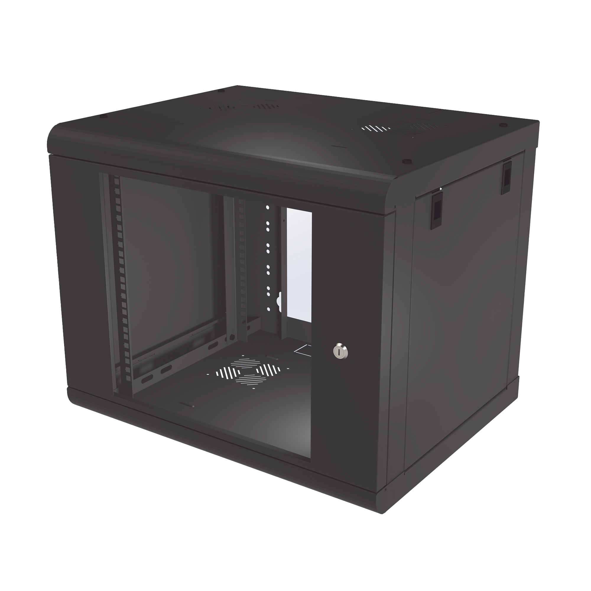 Gabinete de Pared de 9U con Puerta de Cristal Templado, 479.5 mm de Profundidad, Rack de 19'', Acero Reforzado Color Negro.