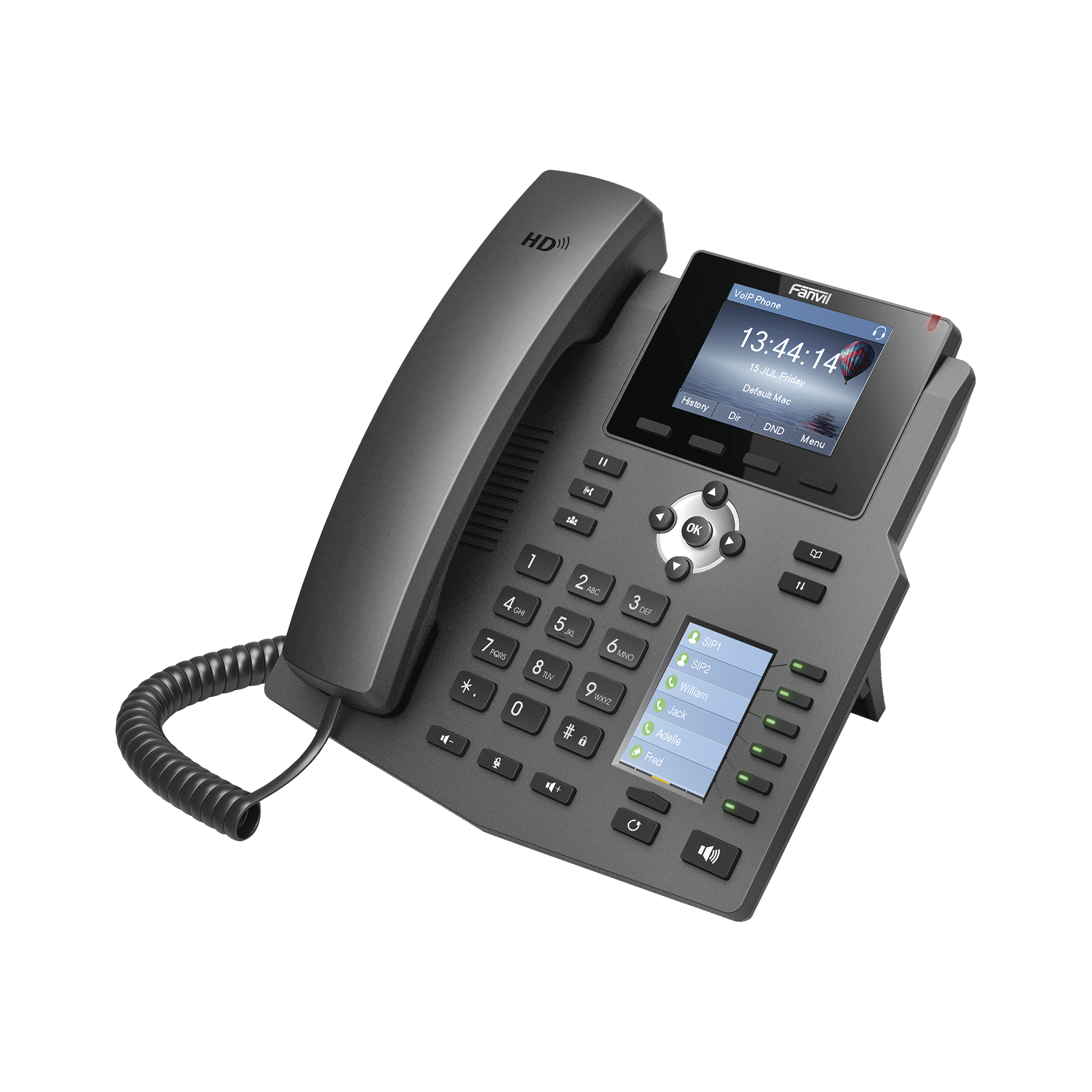 Teléfono IP empresarial para 4 líneas SIP con 2 pantallas LCD, 6 teclas BLF/DSS, conferencia de 3 vías, PoE