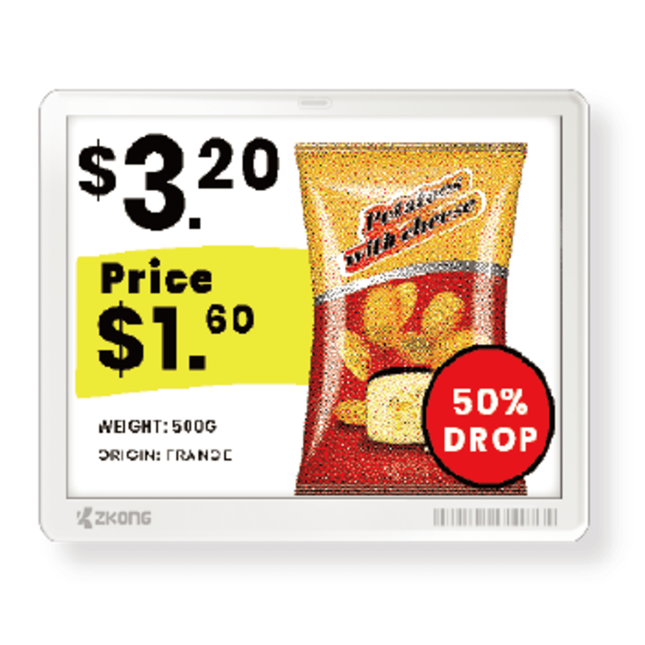 Etiqueta Electrónica ESL 5.8" EPD Matriz de Puntos / Resolución 648x480 Pixels / 4 Colores (Negro Blanco Rojo Amarillo) / BLE 5.1 con Encriptación AES-128 / Batería 5 Años / NFC Opcional / Cloud Management / Certifi