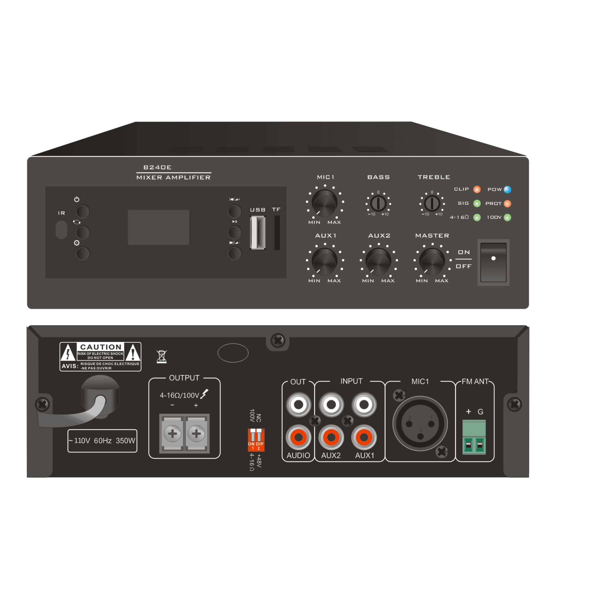 Amplificador Digital Mini MP3 con Bluetooth | 240W | Entrada XLR Micrófono 48V | 2 Entradas RCA | USB y TF Card | FM Radio | Control Remoto | Protección contra Cortocircuito y Sobrecarga
