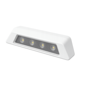 Luz de escena, 4 LED, bisel blanco, 12–24VCD, LED blanco y lente transparente