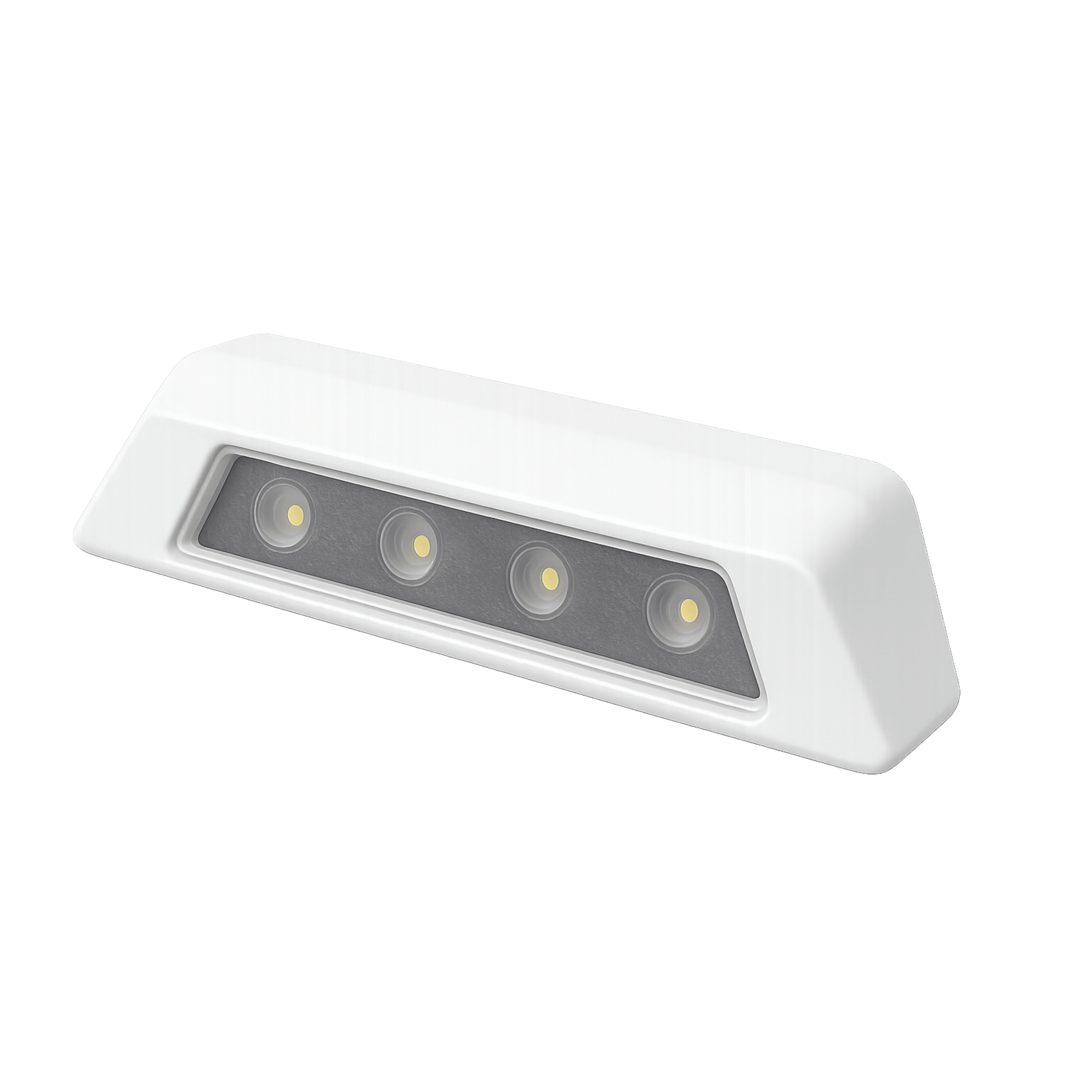 Luz de escena, 4 LED, bisel blanco, 12–24VCD, LED blanco y lente transparente