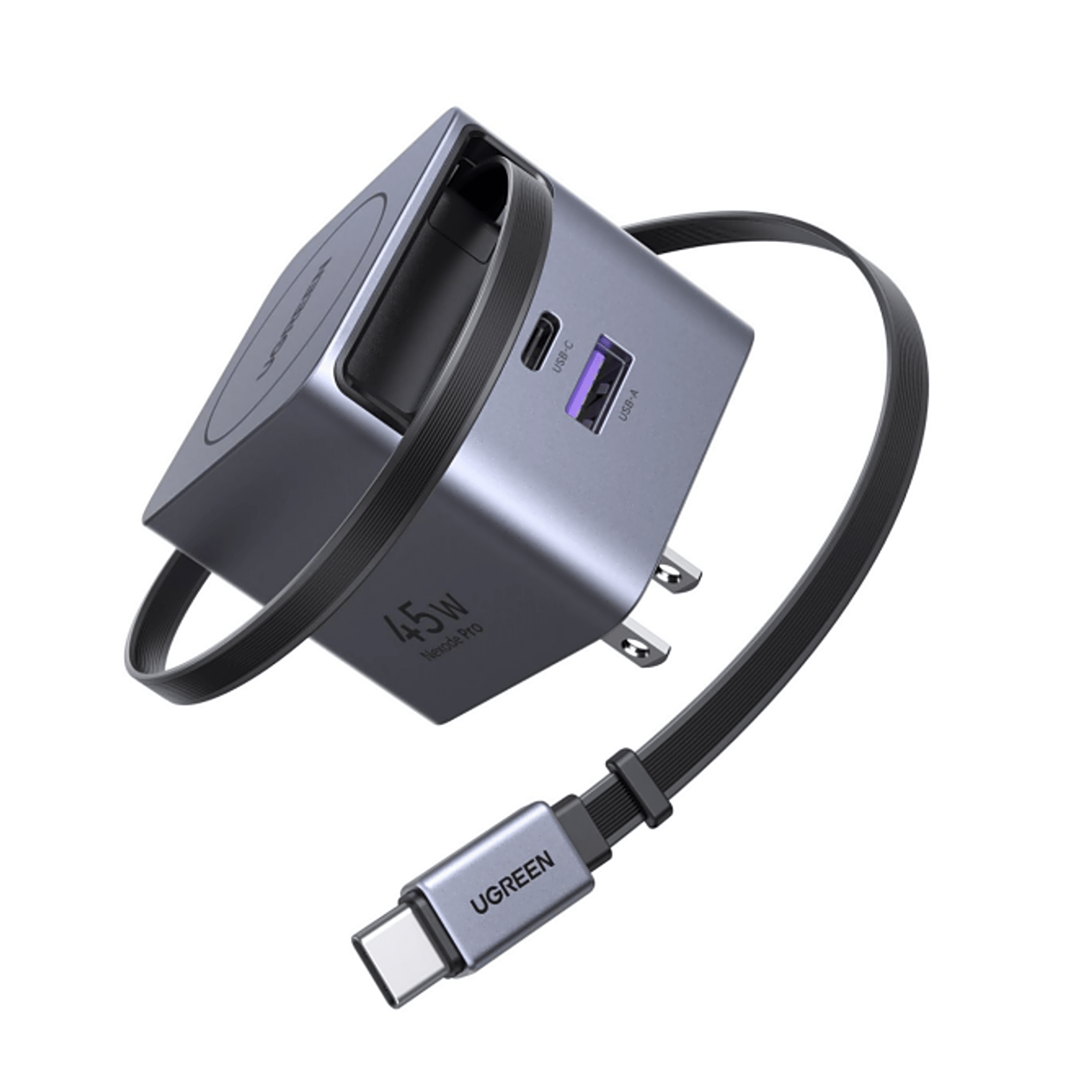 Cargador Rápido UGREEN 45W GaN / Cable Retráctil 0.7m / 3 Puertos USB-C + USB-A / Tecnología GaNInfinity 95% Eficiencia / 8 Capas Protección / Carga Simultánea 3 Dispositivos / Compacto para Viajes