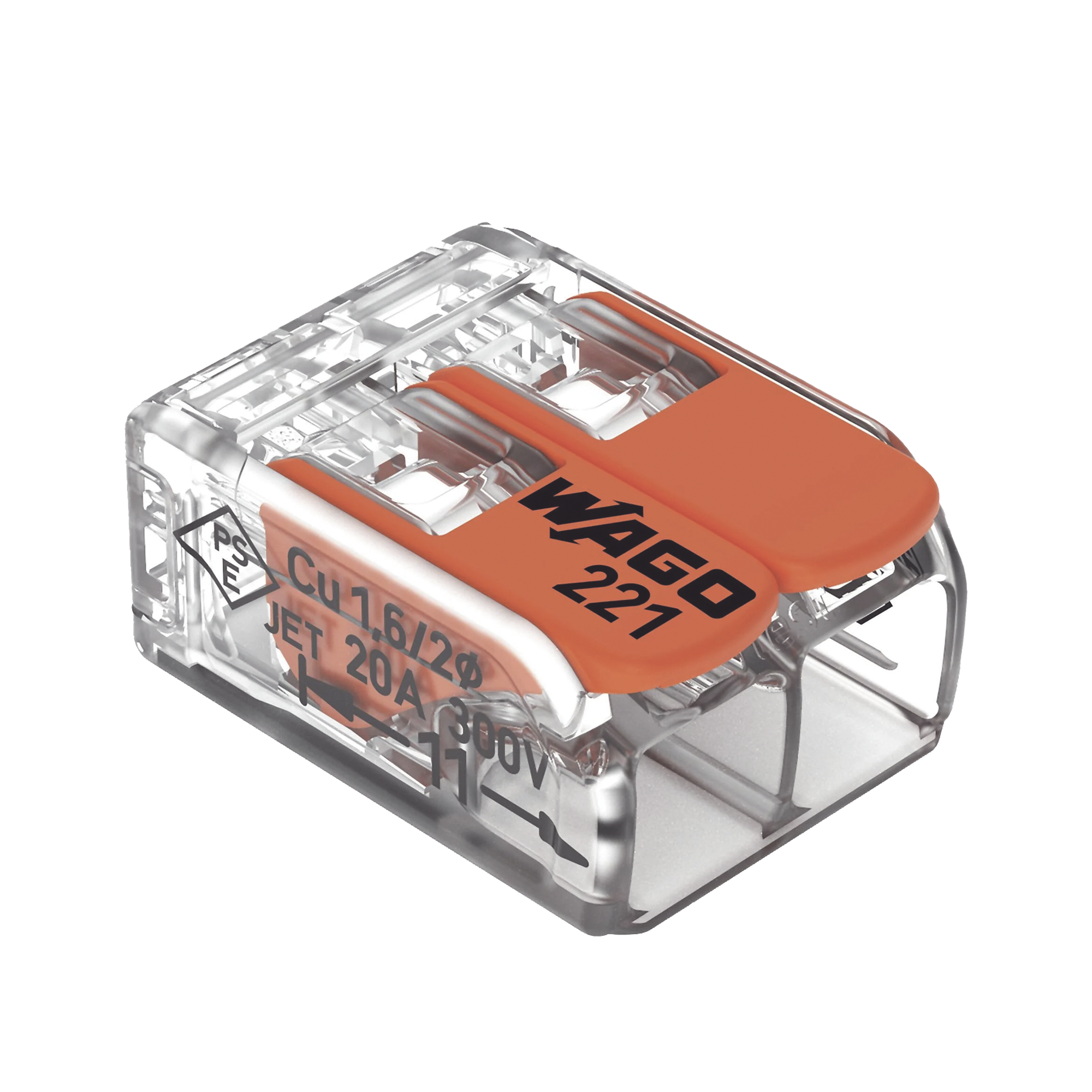 Conector de Empalme con Palancas, 2 Puntos de Conexión, 4 mm² Máximo, 20A 300V, Carcasa Transparente, CAGE CLAMP®, Palanca Naranja, T85, Certificaciones UL/ENEC