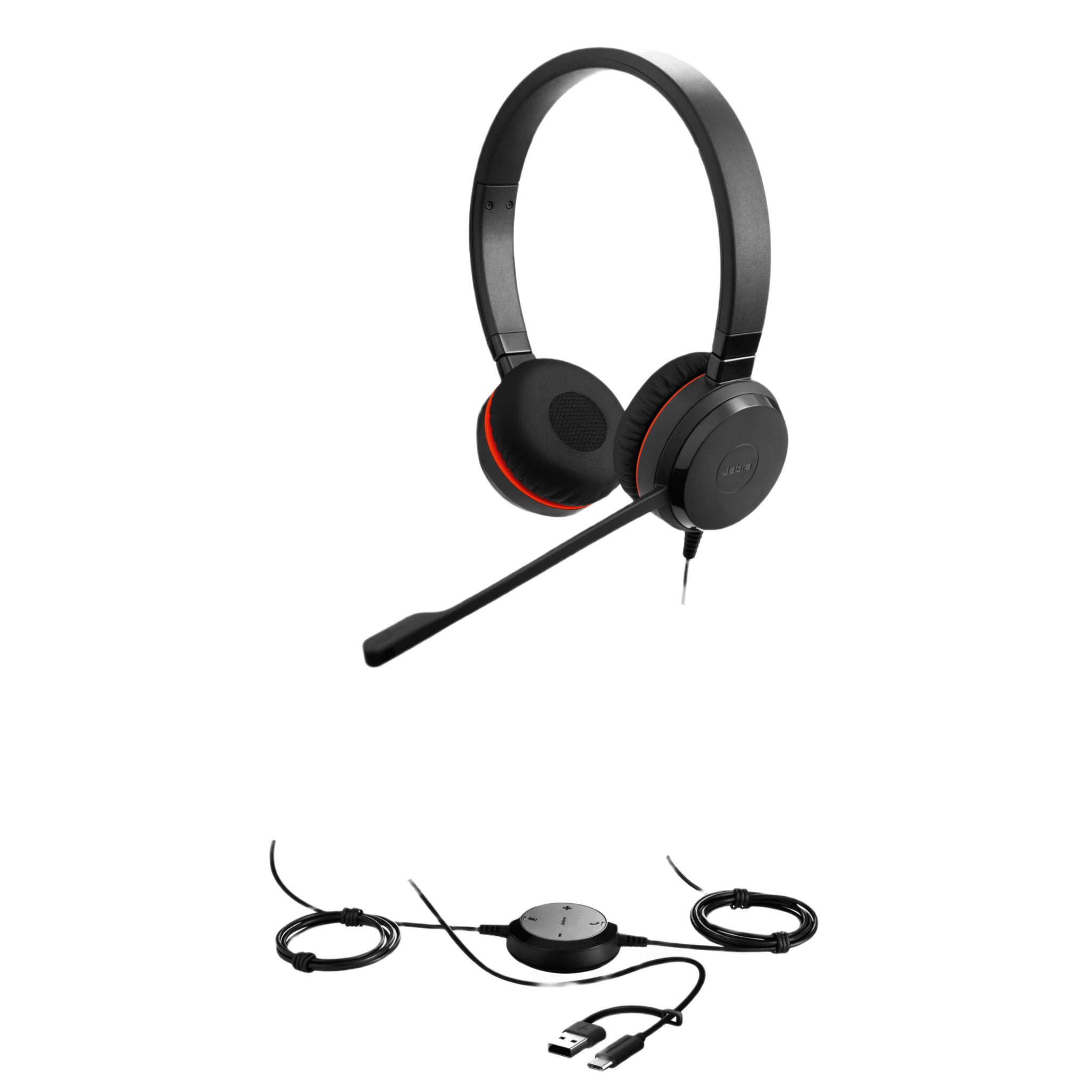 Jabra Evolve 30 II Duo con conexión USB C/A y 3.5mm, micrófono con cancelación de ruido y controlador en el cable con botones e indicadores LED (5399-823-369)