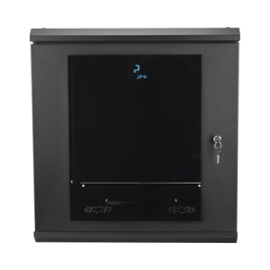 Gabinete Rack de Pared 12 Unidades / 19 Pulgadas / Ventilado / Puerta de Vidrio / Acero Calibre 18 / Carga 100 Kg / 635 x 606 x 612 mm (25 x 23.9 x 24.1 in) / Pintura Electrostática / Negro
