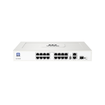 16 puertos PoE de 10/100 Mbps, 2 puertos de enlace ascendente RJ45 de 10/100/1000 Mbps y 1 ranura SFP de 1000 Mbps