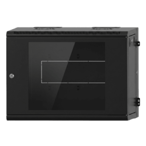 Gabinete Rackeable / 09 Unidades / Pared 19 Pulgadas / Puerta de Cristal / Acero Calibres 18-22 / Carga 80 kg / Dimensiones 634x632x468 mm (25x24.9x18.4 in) / Abatible 120° / Ventilación