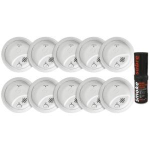 Kit de 10 Detectores de Humo Autónomos FIRST ALERT por Ionización / Alarma 85 dB / Botón Prueba y Silencio / Probador SABRE SDI