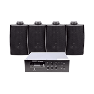 KIT de Amplificador de 240W para Escritorio | 4 Altavoces de Pared color Negro 2.5W - 20W | Sistema 70/100V