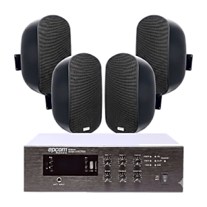 KIT de Amplificador de 240W para Escritorio | 4 Altavoces de Pared color Negro 3W - 50W | Sistema 70/100V