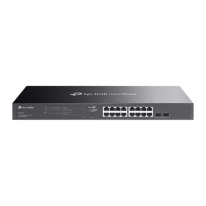 Switch Smart Omada 18 Puertos Gigabit / 16 Puertos PoE+ 802.3af/at / 2 Ranuras SFP Gigabit / Presupuesto PoE 150 W / Switching 36 Gbps / Enrutamiento Estático L2+ / Gestión Cloud SDN / Fanless / Montable en Rack