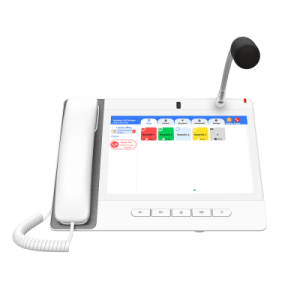 Teléfono IP Color Blanco Android 9.0 Empresarial para voceo 20 líneas SIP, pantalla táctil, Wi-Fi y Bluetooth, PoE, Voceo/ Musica por Multicast, puertos Gigabit, Sofware de Enfermeria