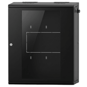 Gabinete Rack / 16 Unidades Rack (UR) / Puerta Cristal Templado / Montaje Pared / Acero Calibres 18-22 / Abatible 120° / Ventilación 120 mm